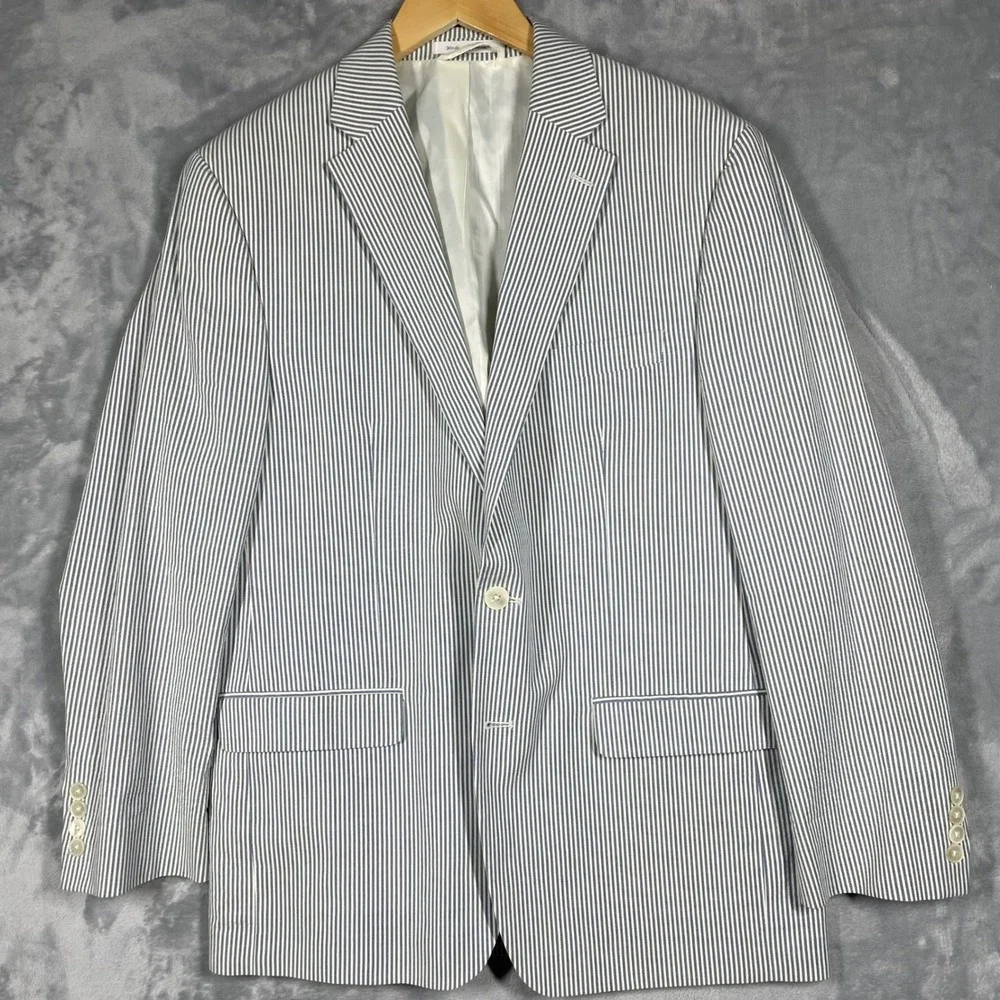 Lauren Ralph Lauren Mens 42R Seersucker Blazer Blue White Striped Cotton Jacket